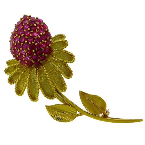 1960s 3.75ct  Round Cut Ruby 18k Yellow Gold Flower  Pin 