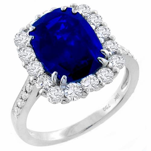 Estate 4.03ct Cushion Cut Ceylon Sapphire 1.50ct Round Cut Diamond 18k White Gold Ring 