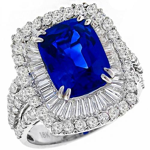 Estate 4.50ct Cushion Cut Ceylon Sapphire 2.20ct Round & Baguette Cut Diamond 18k White Gold Ring 