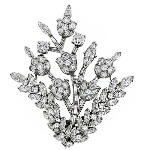 1950s 2.85ct Round 3.40ct Marquise and 0.60ct Baguette Cut Diamond Platinum Floral Pin 