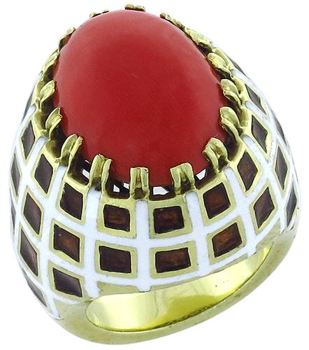 1960s Coral Enamel 14k Yellow Gold Ring