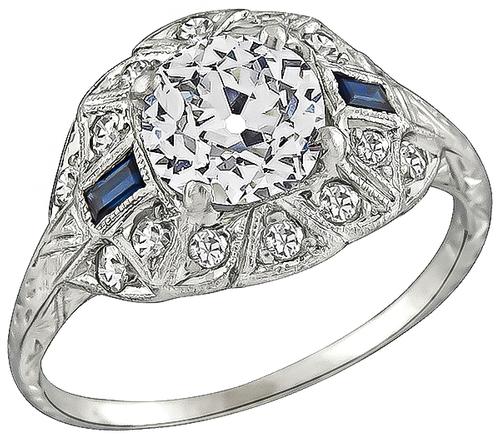 Art Deco Old Mine Cut Diamond Sapphire Platinum Engagement Ring