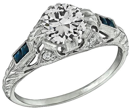 Art Deco Round Cut Diamond Sapphire Platinum Engagement Ring