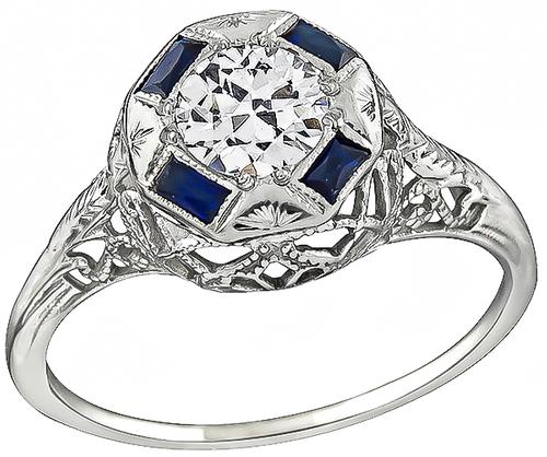 Art Deco Old Mine Cut Diamond Sapphire 14k White Gold Engagement Ring