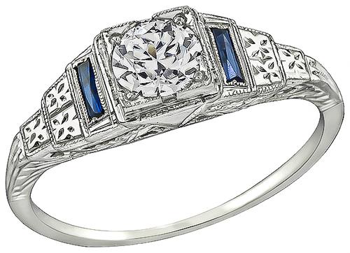 1920s Old Mine Cut Diamond Sapphire 18k White Gold Engagement Ring