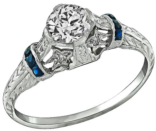 Art Deco Old European Cut Diamond Sapphire Platinum Engagement Ring