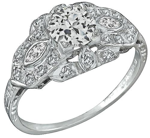 Art Deco Round Cut Diamond Platinum Engagement Ring