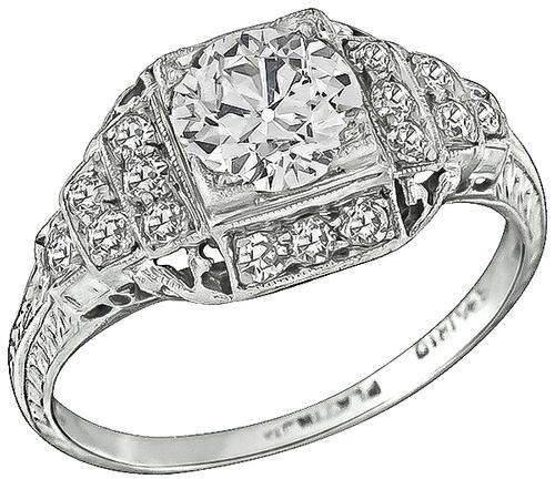 Art Deco Old Mine Cut Diamond Platinum Engagement Ring