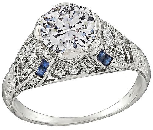 Art Deco Old Mine Cut Diamond Sapphire Platinum Engagement Ring