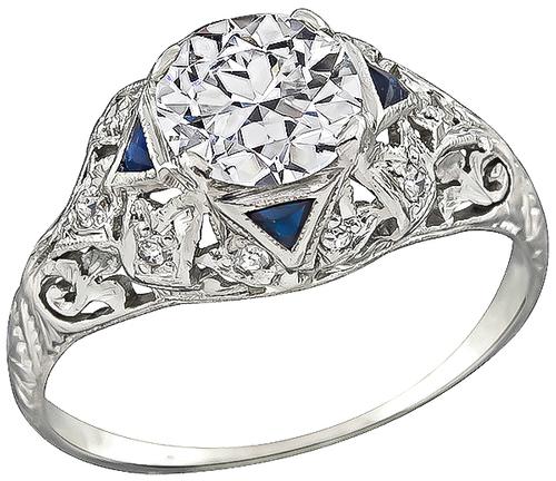 Art Deco Round Brilliant Cut Diamond Sapphire Platinum Engagement Ring