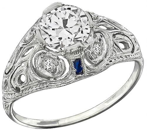 Art Deco Old Mine Cut Diamond Sapphire Platinum Engagement Ring