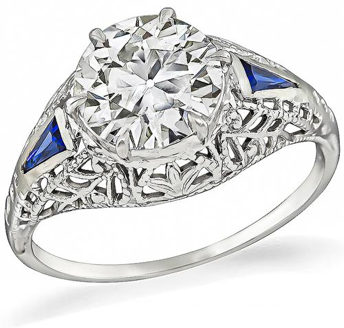 Art Deco Old Mine Cut Diamond Sapphire 14k Gold Engagement Ring