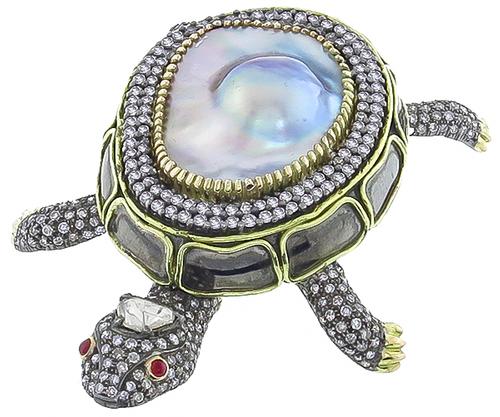 Round Cut Diamond Mother of Pearl Silver 14k Yellow Gold Turtle Pin