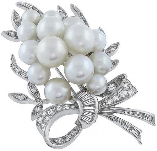 1950s Baguette and Round Cut Diamond Pearl 14k White Gold Pin