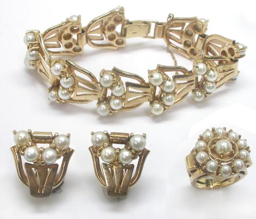 1940's 5mm Pearl 14k Yellow Gold Bracelet, Earrings, and Ring Set