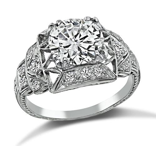 Art Deco 1.64ct Old Mine Cut Diamond Platinum Engagement Ring