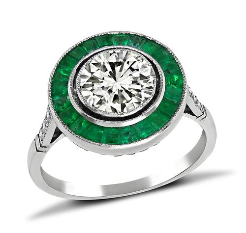 Round Cut Diamond Emerald Platinum Halo Engagement Ring