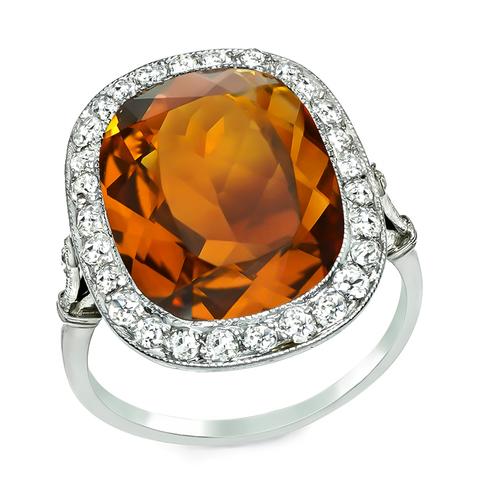 Vintage Cushion Cut Citrine Old Mine Cut Diamond Platinum Ring