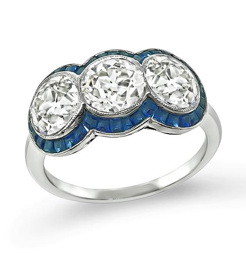 Art Deco 1.08ct 1.01ct and 1.01ct Old European Cut Diamond Sapphire Platinum Three Stone Ring