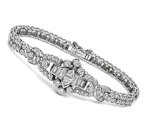 Art Deco Marquise Baguette and Round Cut Diamond Platinum Bracelet