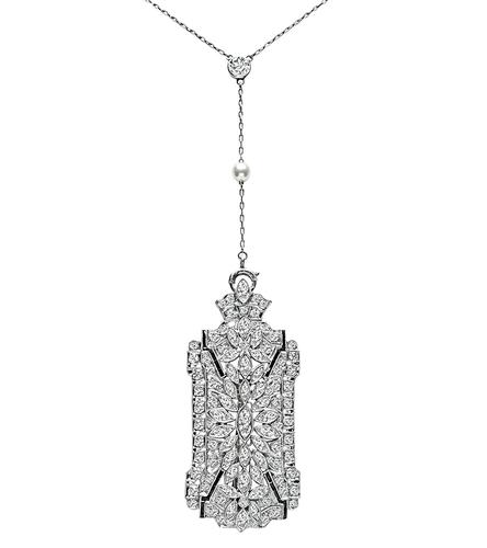 Vintage Marquise and Old Mine Cut Diamond Pearl Onyx Platinum Pin / Pendant Necklace