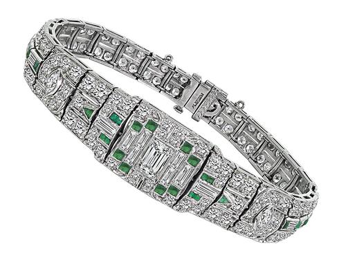 Vintage Emerald Marquise Round and Baguette Cut Diamond Square  and Trilliant Cut Emerald Platinum Bracelet