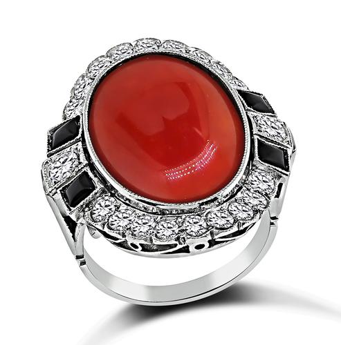 Art Deco Cabochon Coral Round Cut Diamond Onyx Platinum Ring