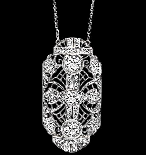 Vintage 2.73cttw Round Brilliant Old Mine and Calibre Cut Diamond Platinum Pendant Necklace