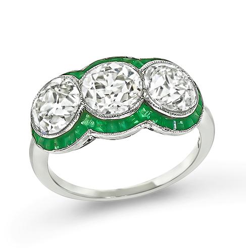 Art Deco 1.16ct 1.11ct and 1.03ct Old European Cut Diamond Emerald Platinum Three Stone Ring