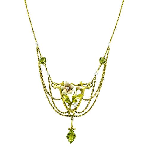 Vintage Peridot Enamel Pearl 14k Yellow Gold Necklace