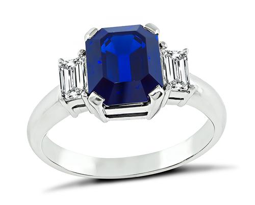 Emerald Cut Sapphire Baguette Cut Diamond Platinum Engagement Ring