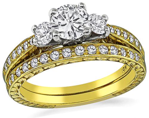 Round Cut Diamond 19k Yellow Gold and Platinum Engagement Ring and Wedding Band Set by Scott Kay