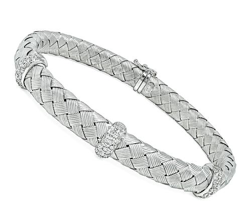 Round Cut Diamond 18k White Gold Weave Bangle
