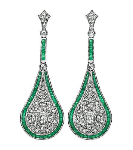 Old Mine and Round Cut Diamond Square Cut Emerald Platinum Earrings