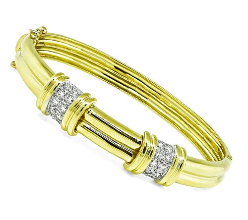 Round Cut Diamond 18k Yellow and White Gold Bangle