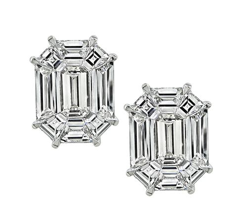 Emerald and Trapezoid Cut Diamond 14k White Gold Illusion Stud Earrings
