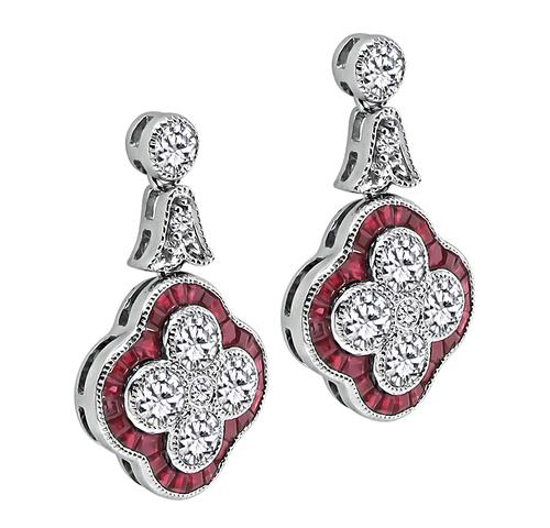 Round Cut Diamond Baguette Cut Ruby Platinum Earrings