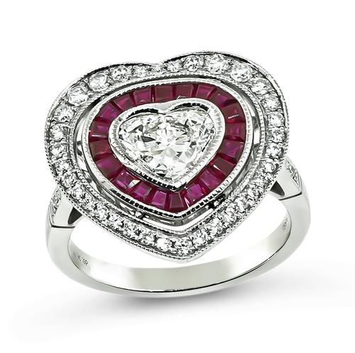 Heart and Round Cut Diamond Baguette Cut Ruby Platinum Heart Ring