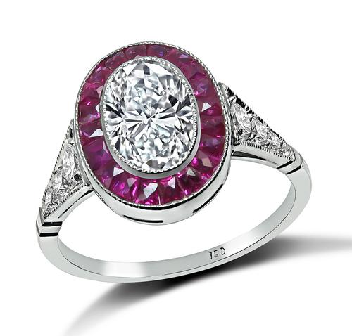 Oval Cut Diamond French Cut Ruby 18k White Gold Engagement Ring