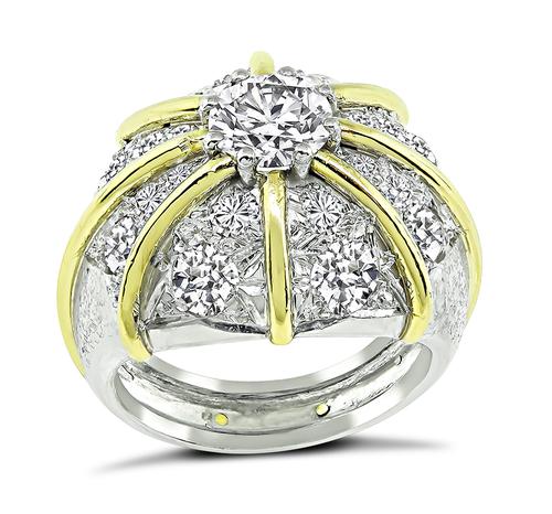 Old Mine and Round Cut Diamond 18k Yellow Gold and Platinum Cocoktail Ring