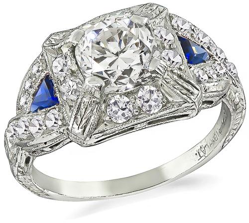 Vintage Cushion Cut Diamond Sapphire Platinum Engagement Ring