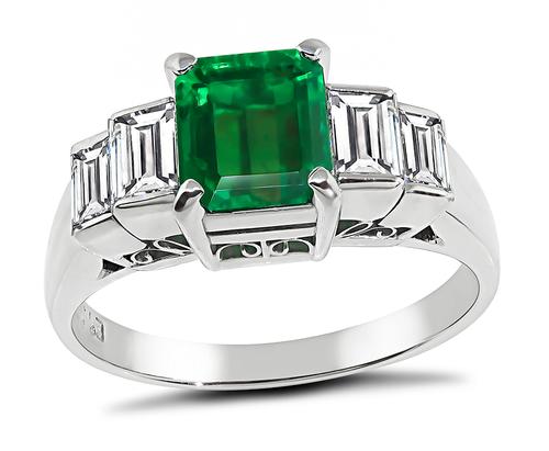 Emerald Cut Emerald Baguette Cut Diamond Platinum Engagement Ring