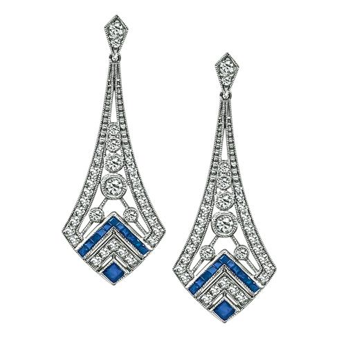 Round Cut Diamond Sapphire Platinum Earrings