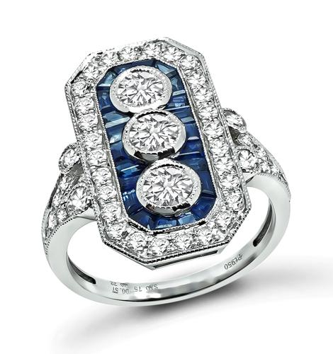 Round Cut Diamond Baguette Cut Sapphire Platinum Ring