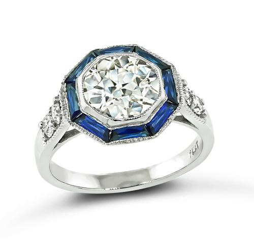 Old Mine Cut Diamond Sapphire Platinum Engagement Ring