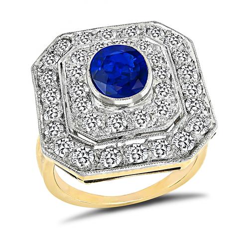 Vintage Oval Cut Sapphire Old Mine Cut Diamond 14k Yellow and White Gold Ring