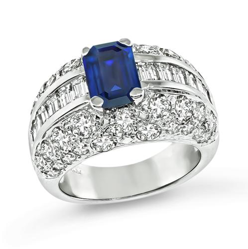 Emerald Cut Sapphire Round and Baguette Cut Diamond 14k White Gold Ring