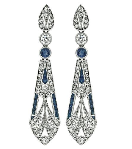 Round Cut Diamond Square and Round Cut Sapphire Platinum Drop Earrings