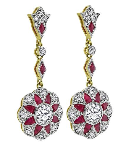 Round Cut Diamond Ruby 14k Yellow and White Gold Dangling Earrings