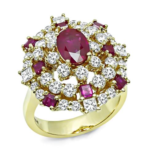 Oval Cut Ruby Round and Princess Cut Diamond 14k Yellow Gold Ring